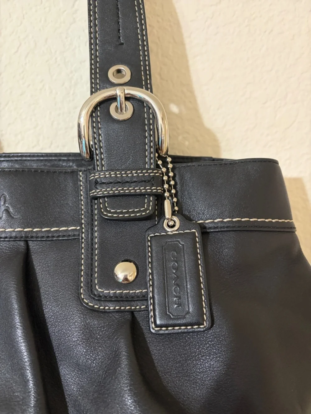 Coach Black Leather Shoulder Bag with White Contrast Stitching